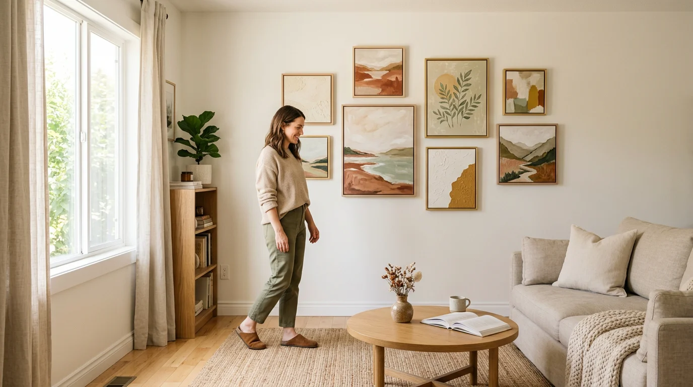 Person admiring a gallery wall of affordable original paintings in a sunlit room