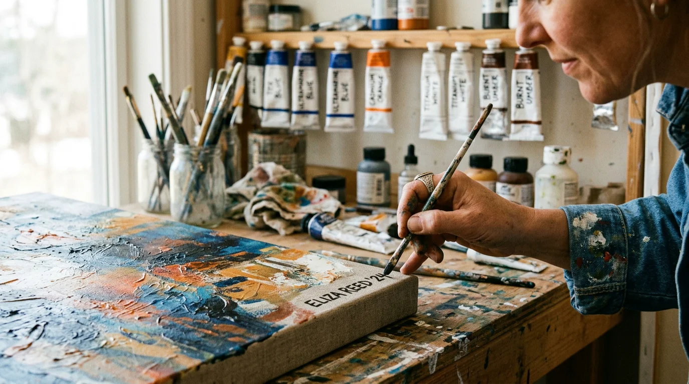 Artist signing an original handmade canvas in a studio