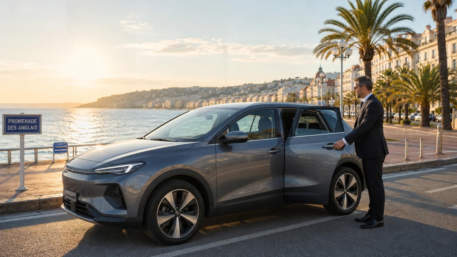 Grey electric SUV with a chauffeur parked along the Nice seafront at sunset
