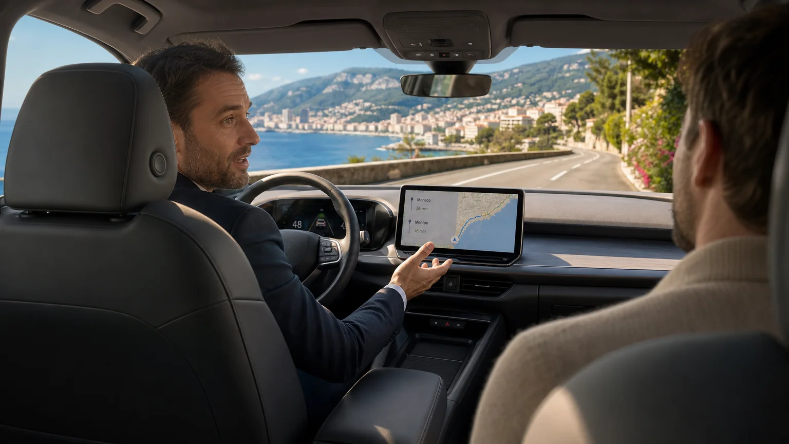 European chauffeur and passenger during a coastal drive toward Monaco