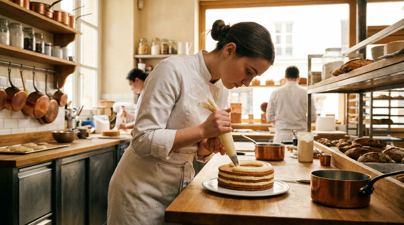 Apprenti pâtissier en laboratoire préparant des entremets en alternance