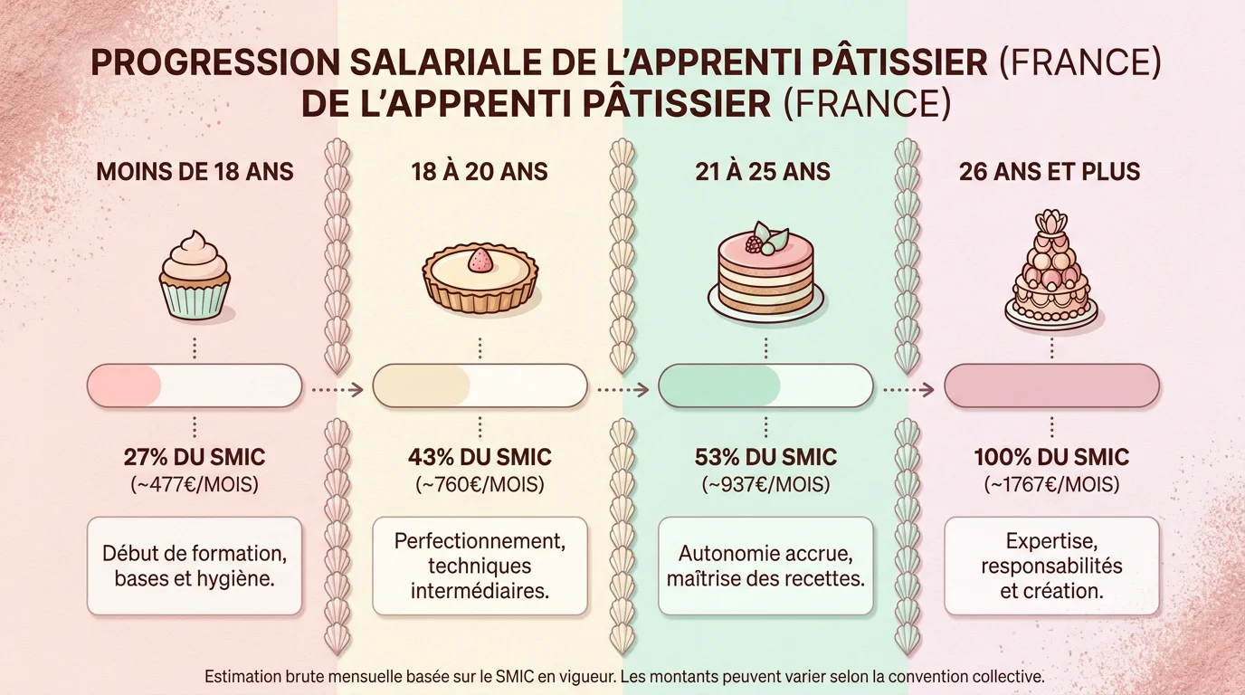 Infographie de la rémunération d'un apprenti pâtissier en alternance selon l'âge