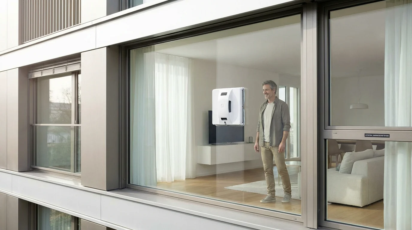 Robot lave-vitre automatique fixé sur une grande baie vitrée dans un intérieur moderne