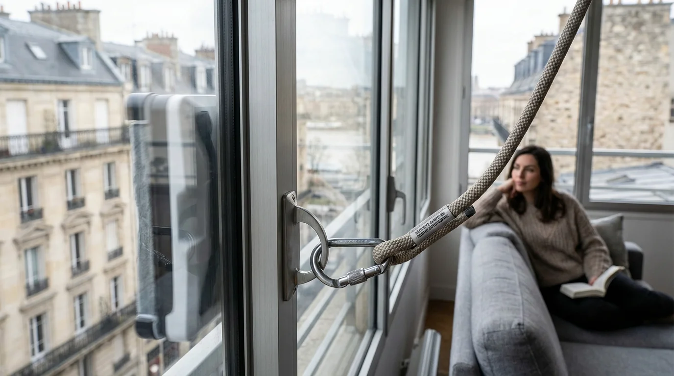 Corde de sécurité d'un robot lave-vitre fixée sur une fenêtre avec vue sur une ville en hauteur