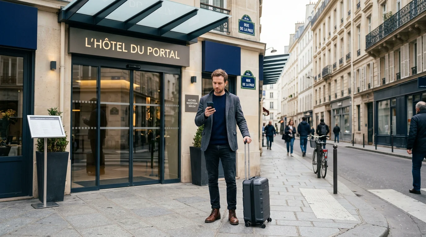 Voyageur cherchant un hôtel proche de sa position sur son téléphone