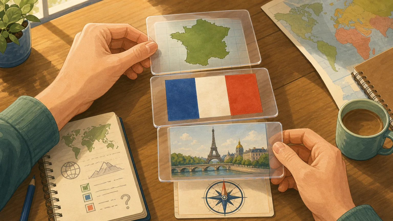 Hands connecting map, flag, capital, and compass clues in a geography learning activity