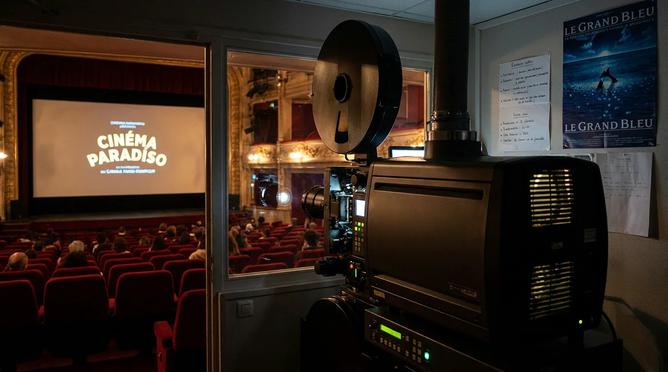 Cabine de projection dans un cinéma français avec projecteur numérique