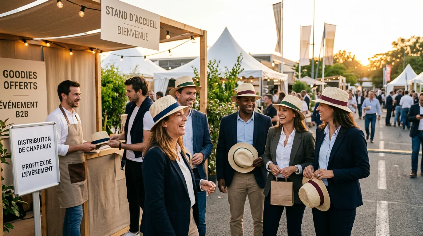 Visiteurs portant des chapeaux de paille personnalisés sur un stand de salon en plein air
