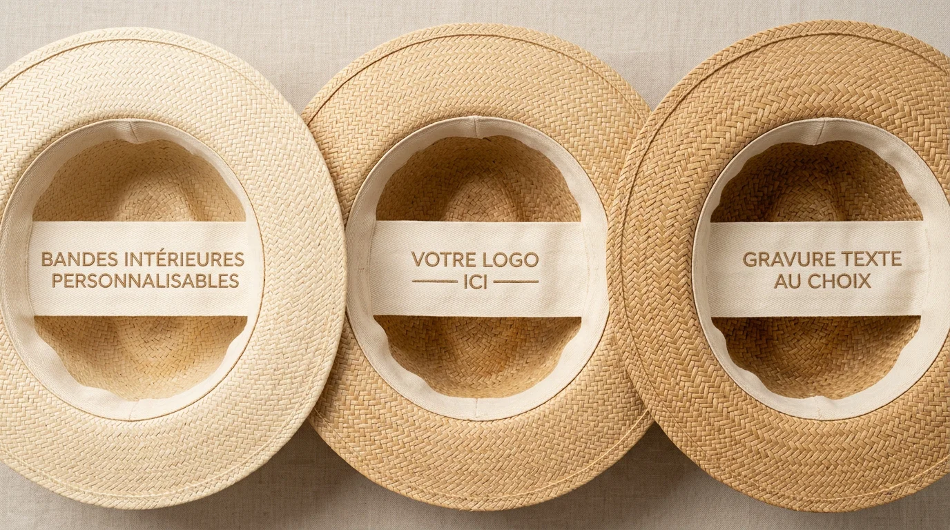 Gros plan sur le bandeau personnalisable de chapeaux de paille en flat lay
