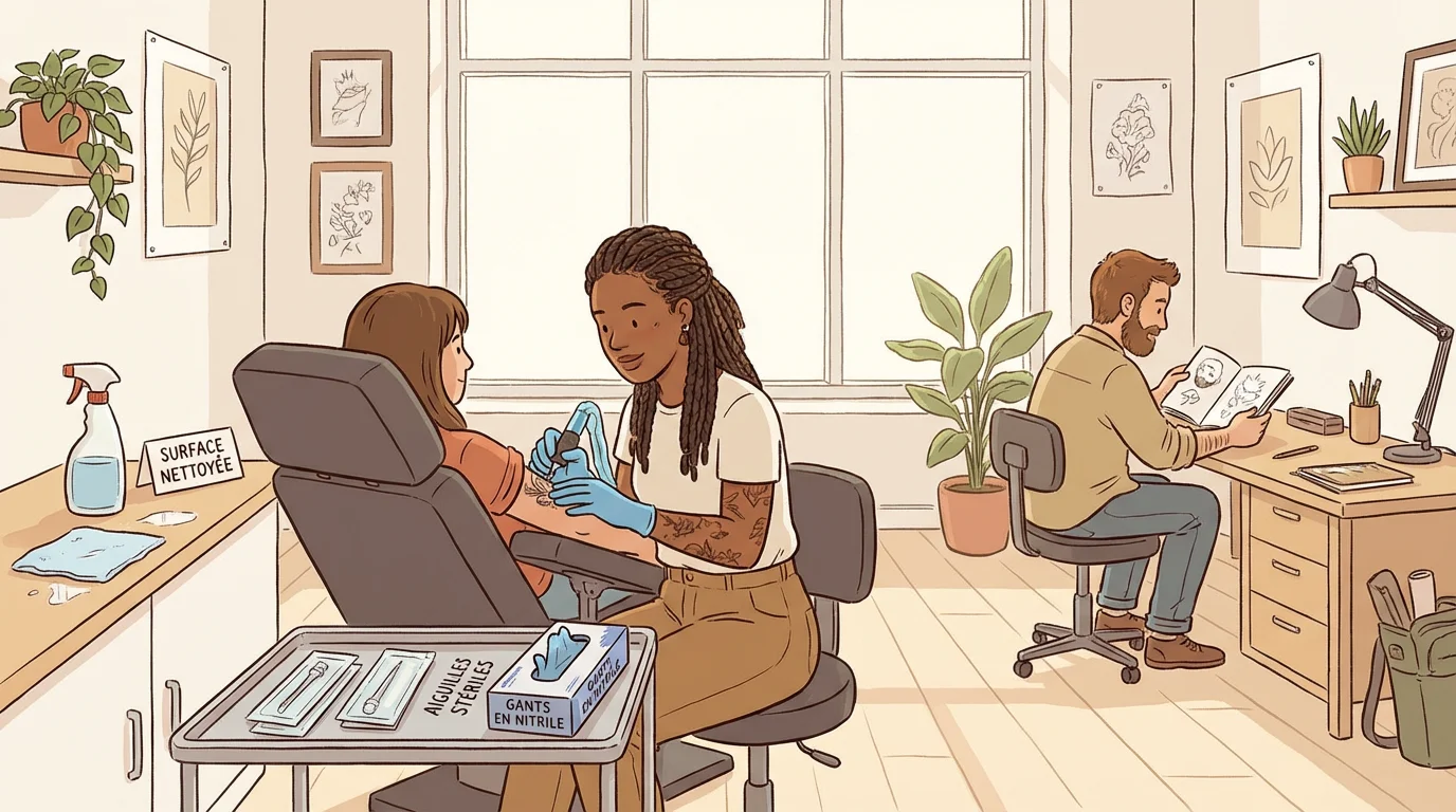 Illustration d'un studio de tatouage propre avec matériel stérile et tatoueur portant des gants