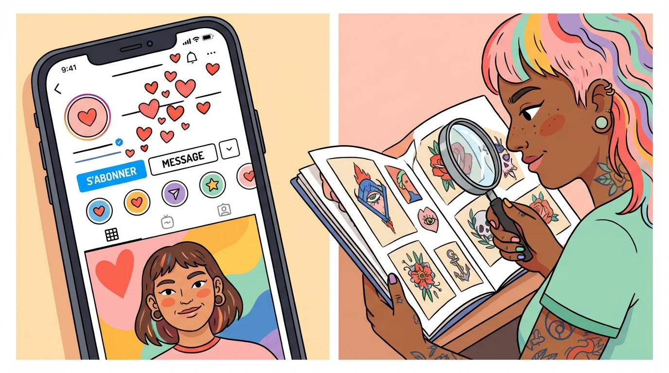 Illustration comparant la popularité sur les réseaux sociaux et l'analyse attentive d'un portfolio de tatoueur