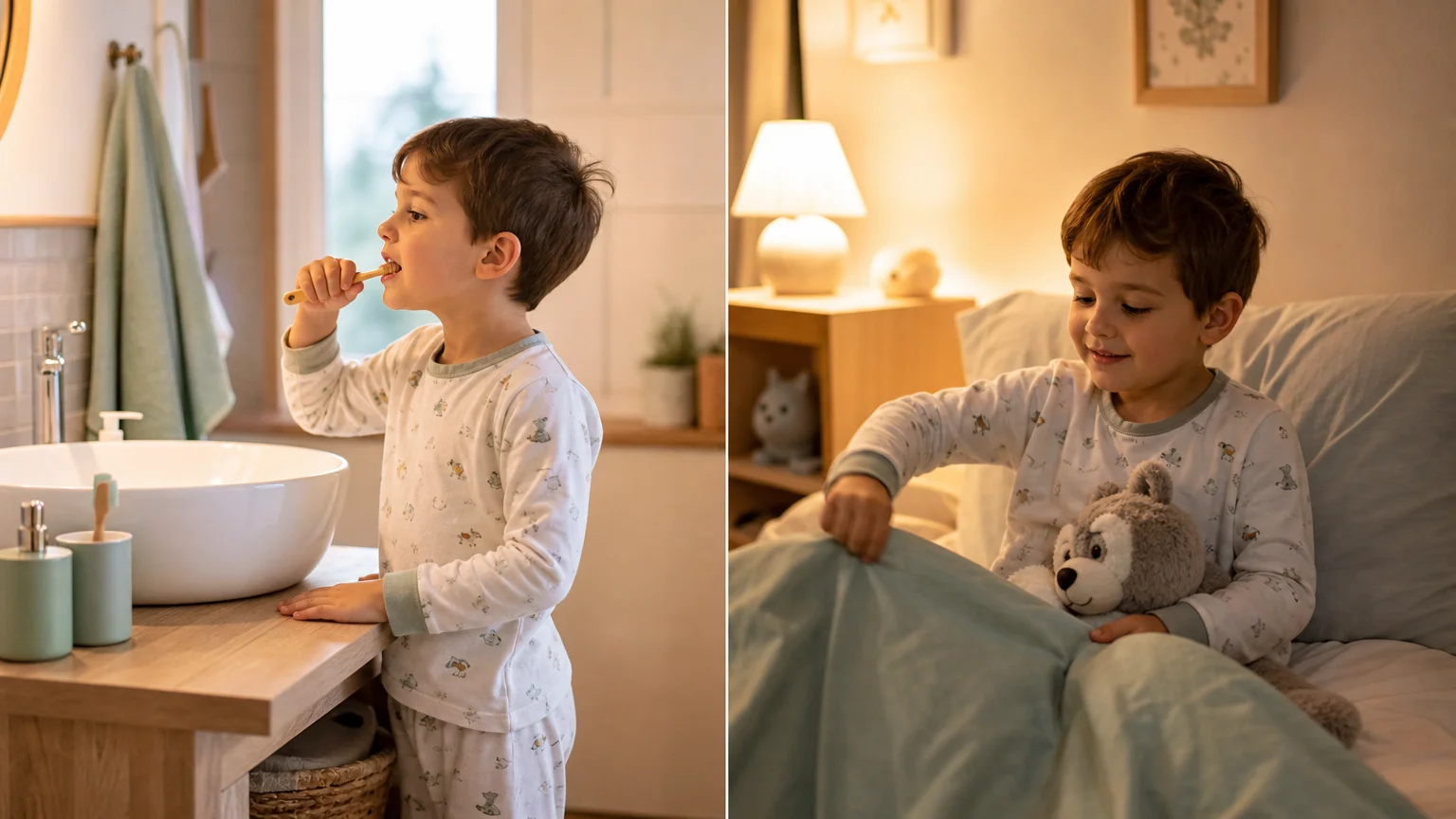 Un enfant en pyjama suit les étapes de sa routine du soir avant de dormir