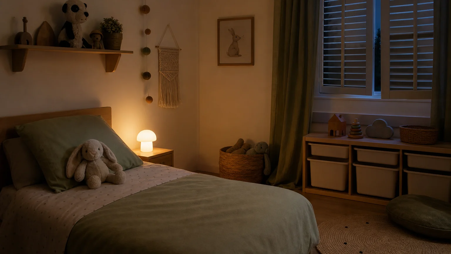 Chambre d'enfant tamisée avec veilleuse douce, environnement propice au sommeil