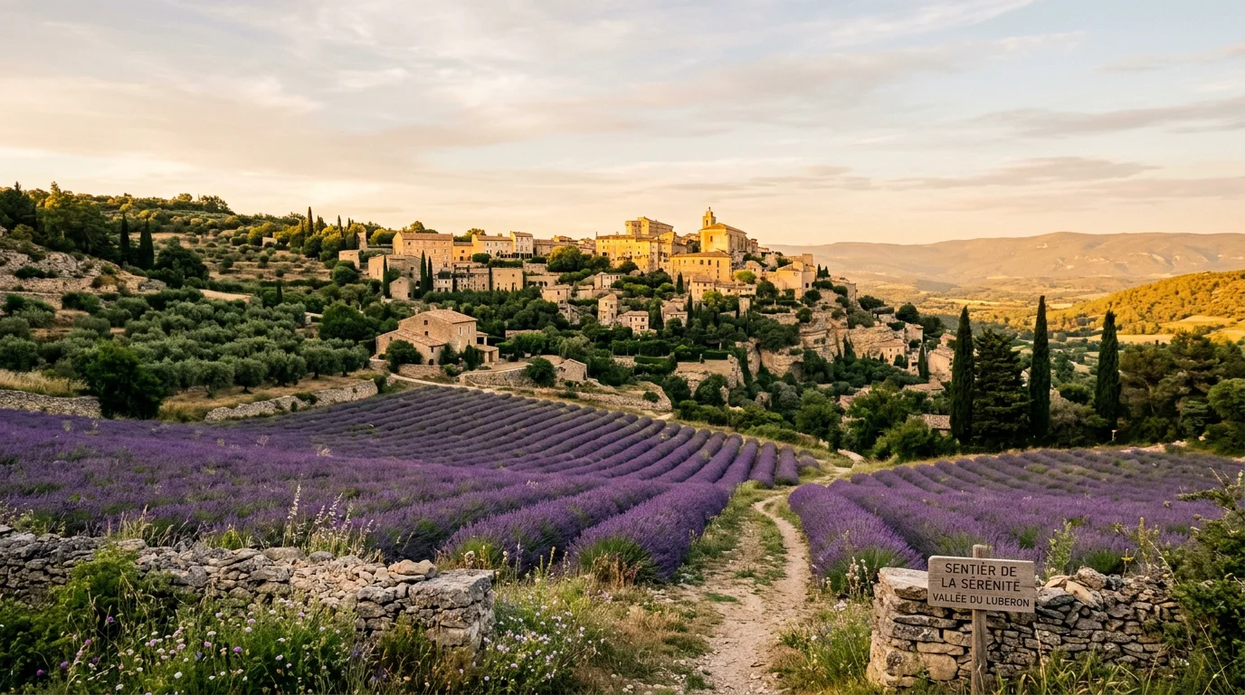 Paysage du Luberon avec champs de lavande et village perché au coucher du soleil