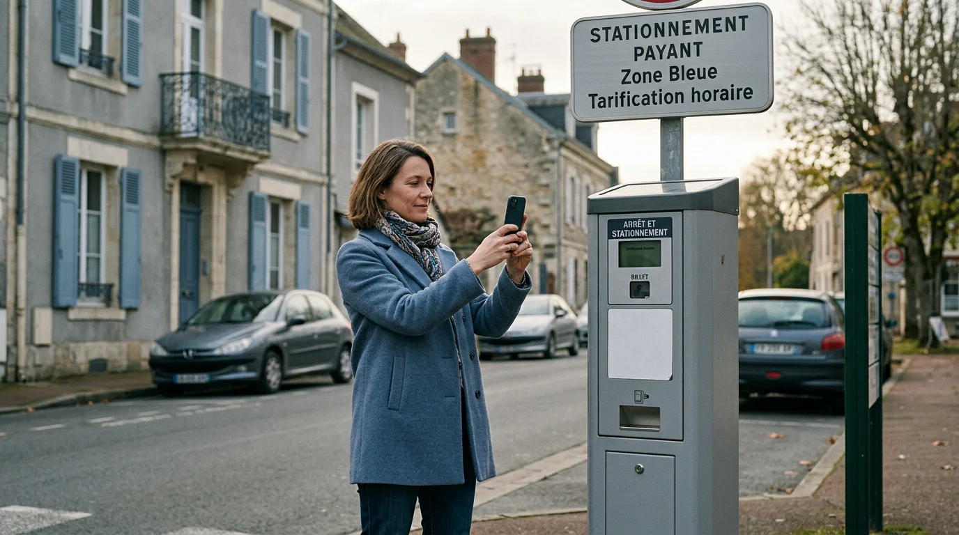 Automobiliste européen photographiant un horodateur pour constituer une preuve de stationnement