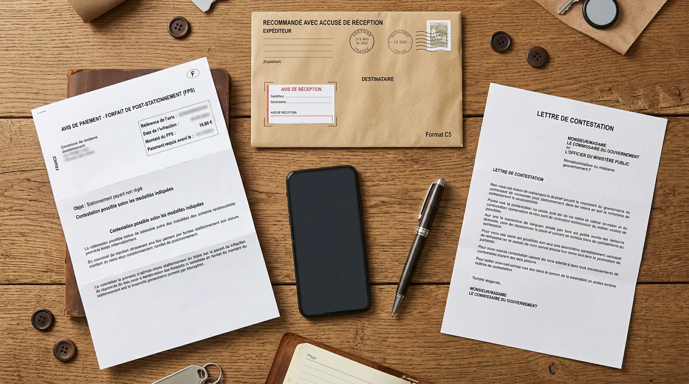 Documents de contestation d'un forfait post-stationnement disposés sur un bureau