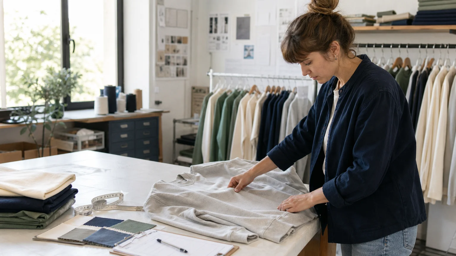 Contrôle de la confection d’un sweat français dans un atelier textile