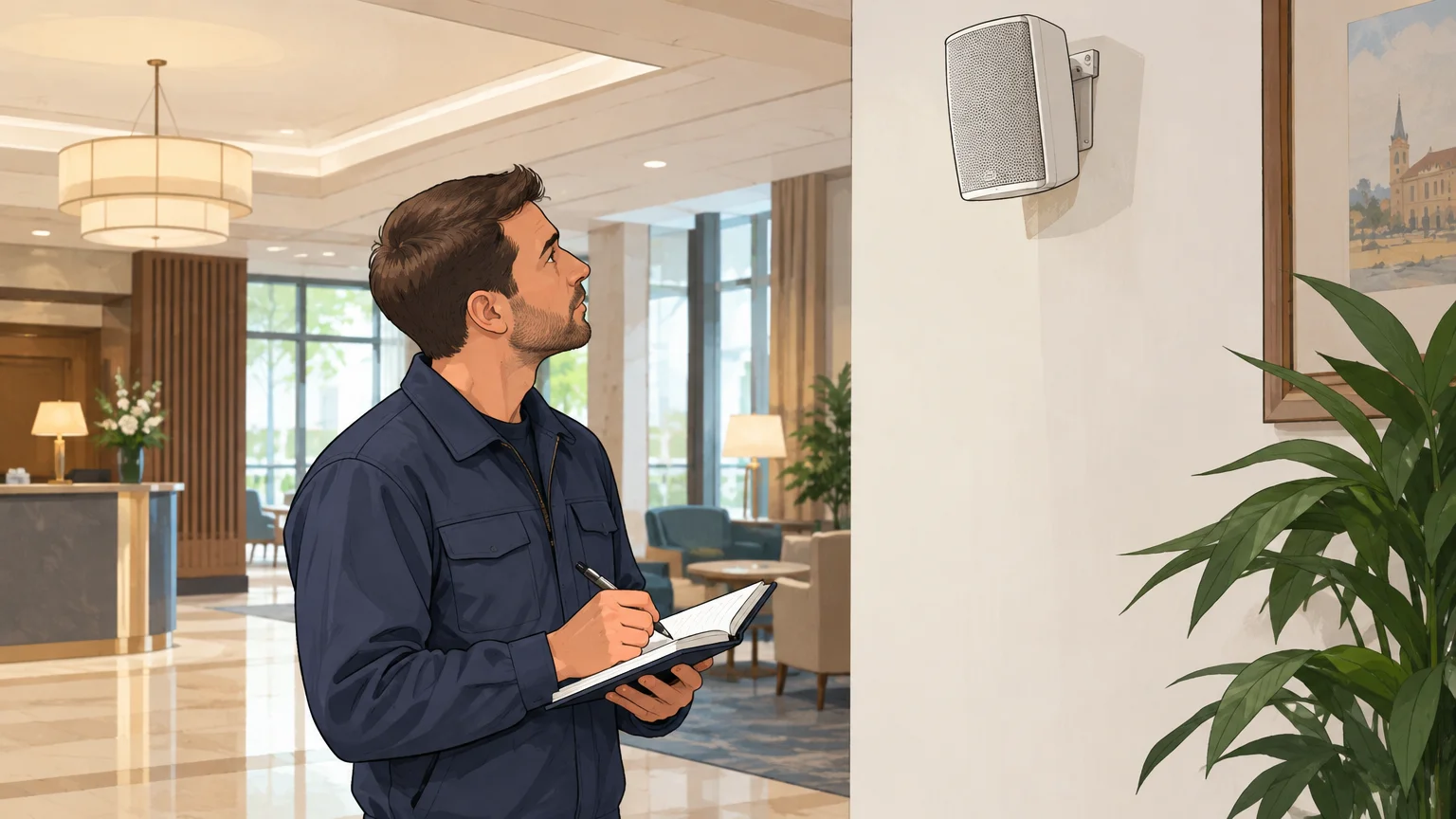 Vérification d’une enceinte murale dans le hall d’un hôtel