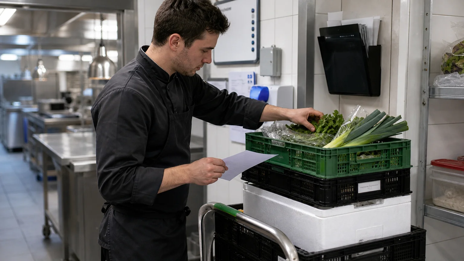 Un membre de la brigade contrôle une livraison de produits dans une cuisine professionnelle.