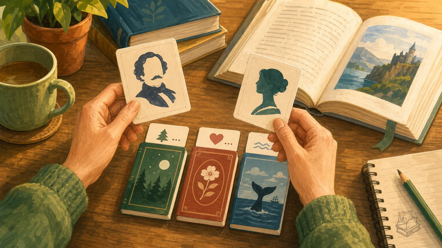 Hands sorting illustrated book quiz cards beside an open book