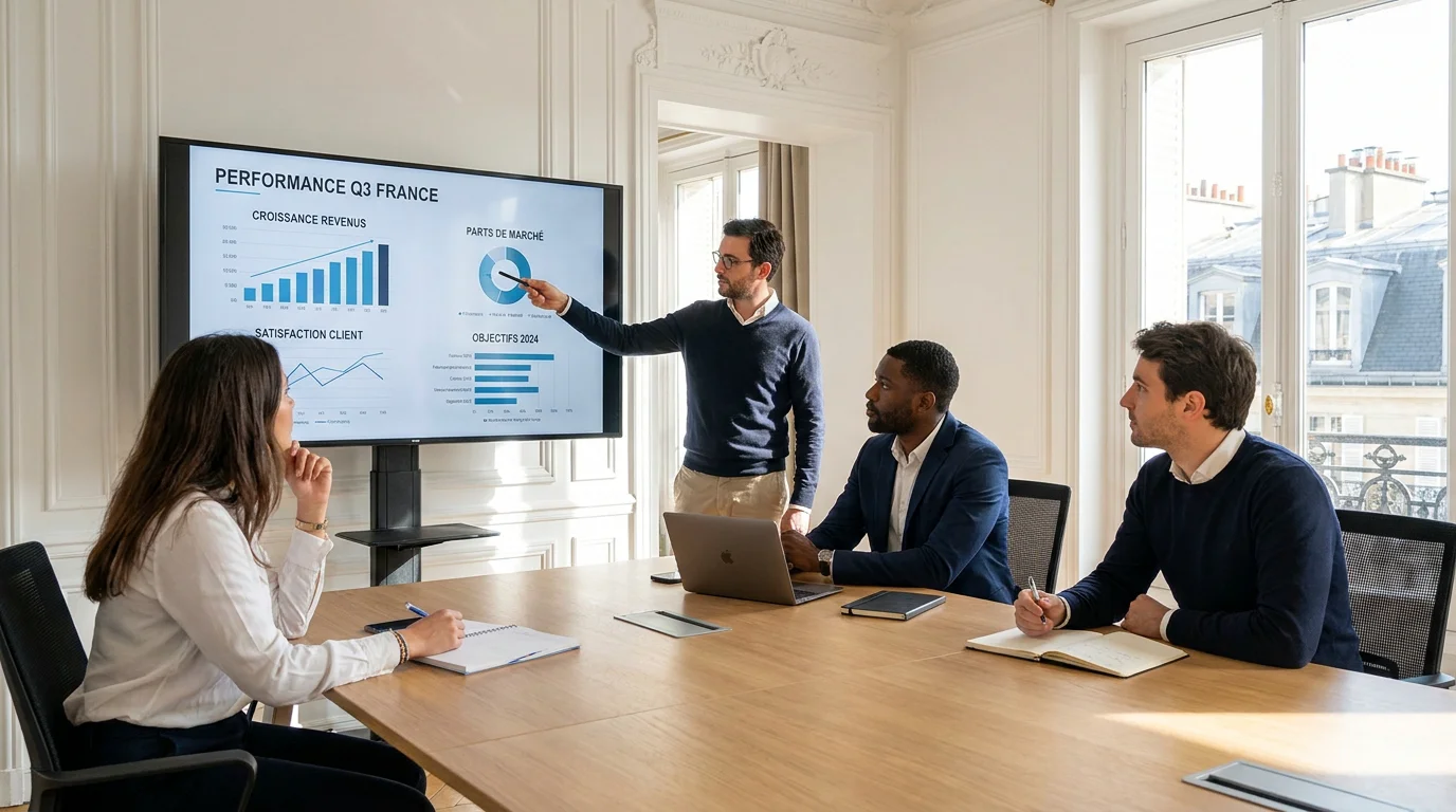 Équipe de consultants ESN analysant des indicateurs de performance sur un écran