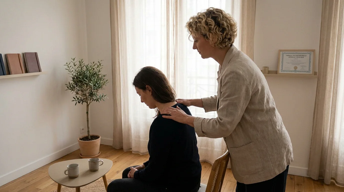 Thérapeute psychocorporel accompagnant un client dans un cabinet lumineux en France