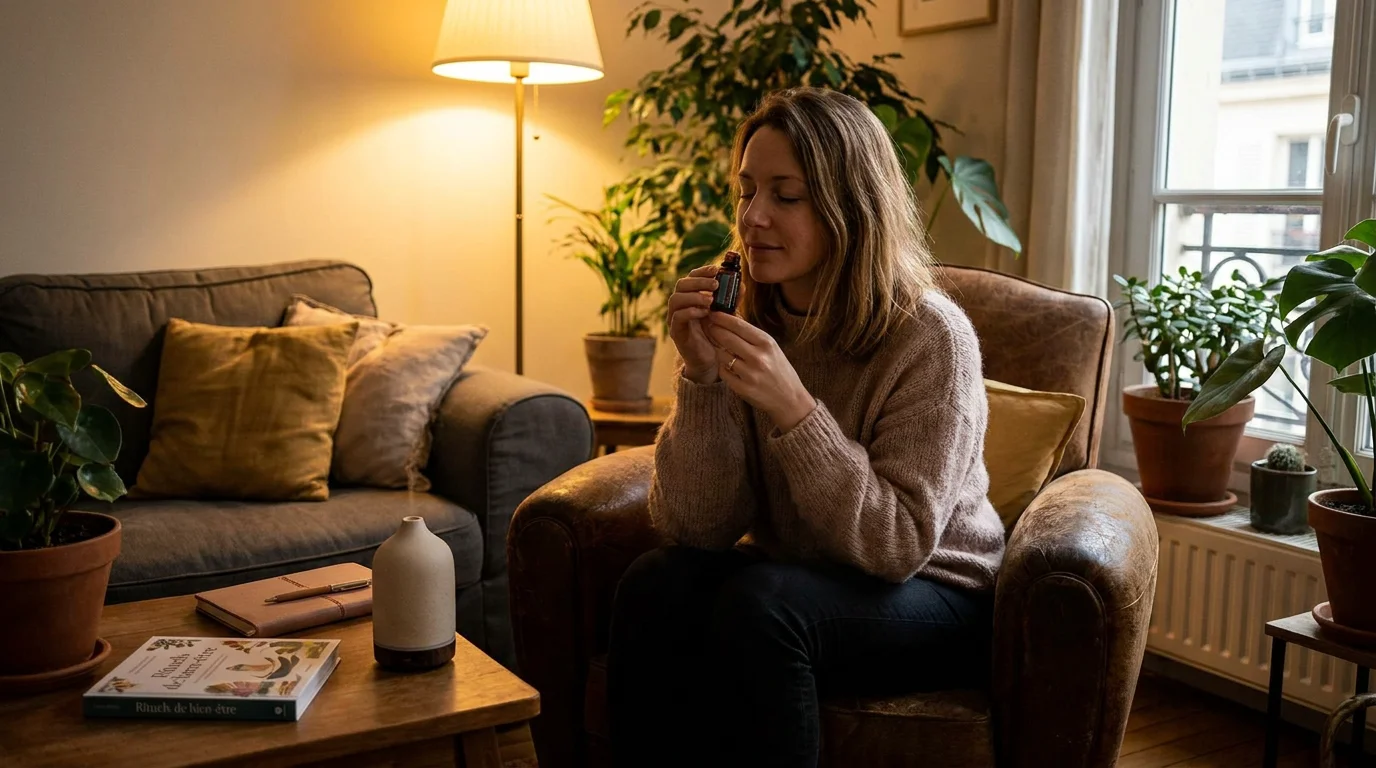 Femme pratiquant un ancrage olfactif chez elle après une séance de thérapie psychocorporelle