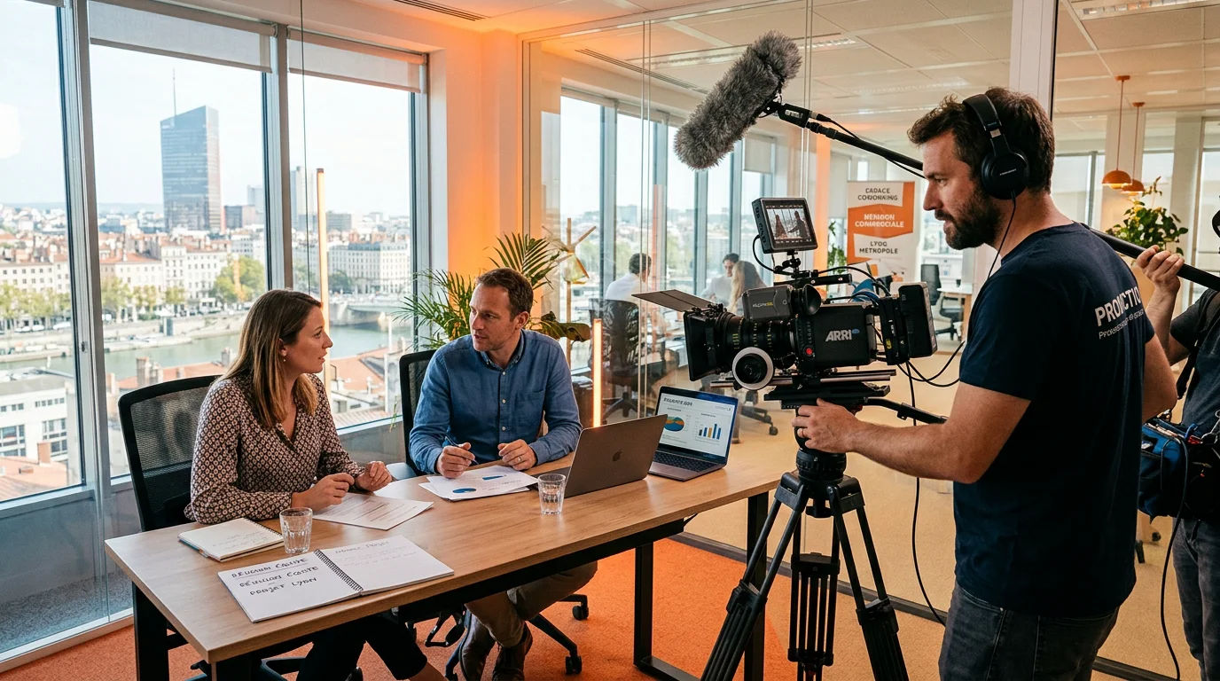 Tournage d'un film d'entreprise dans un bureau lyonnais avec cadreur et intervenants