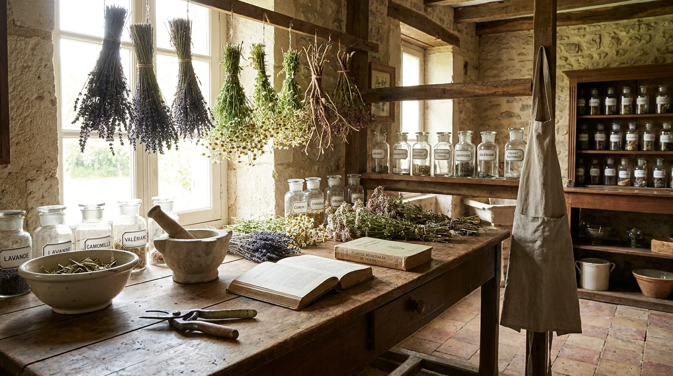 Espace de travail d'un phytothérapeute avec plantes médicinales séchées et matériel professionnel