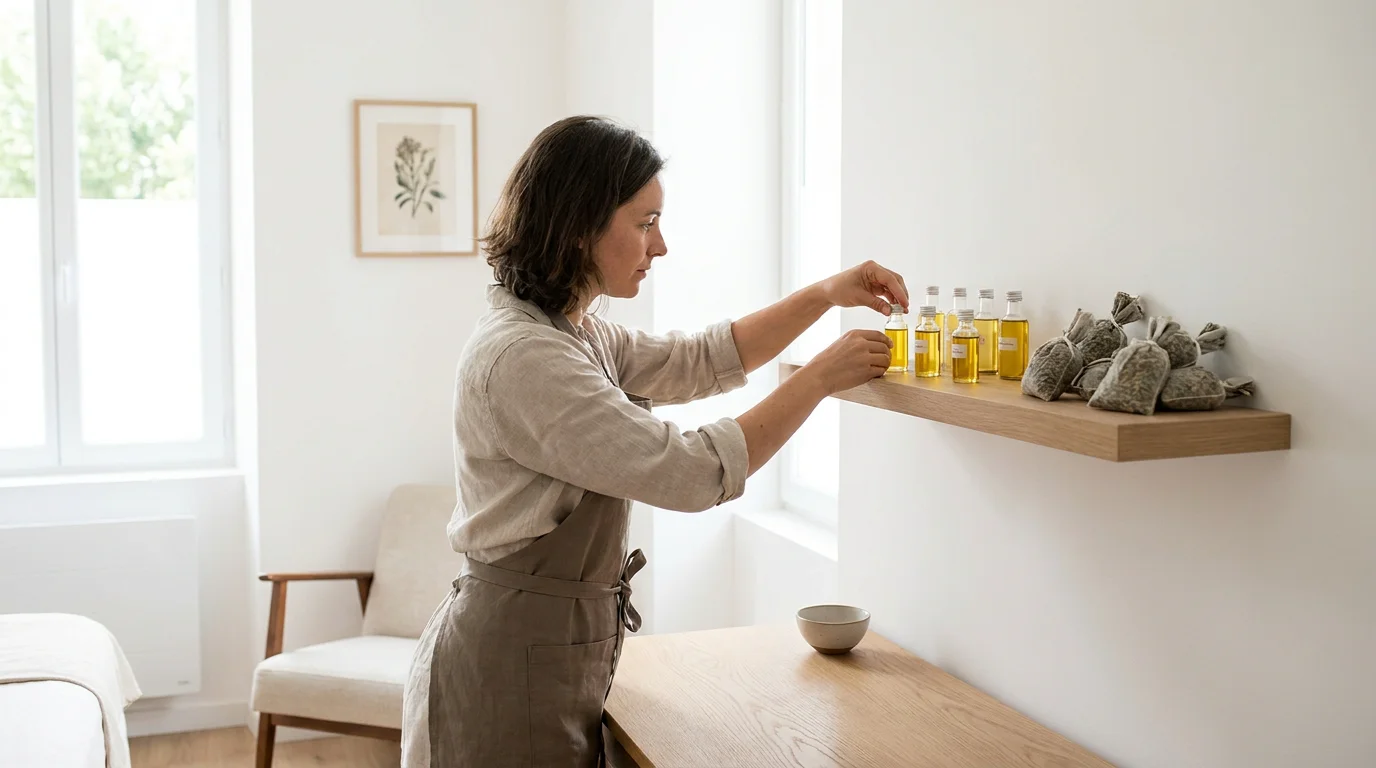 Praticien bien-être organisant des flacons et sachets de plantes dans son cabinet