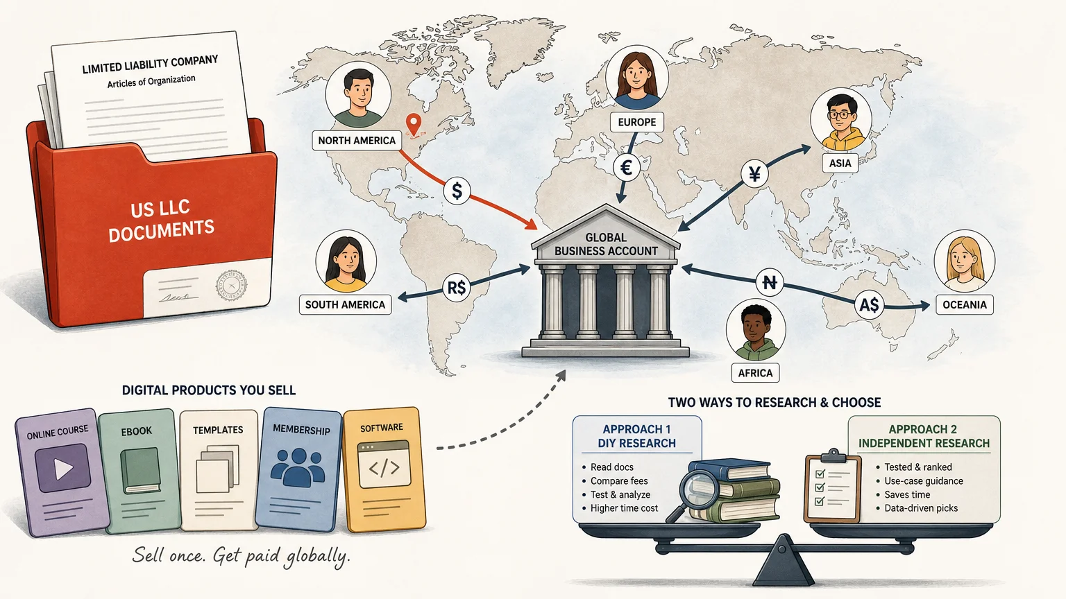 Editorial illustration of an international creator comparing payment research options