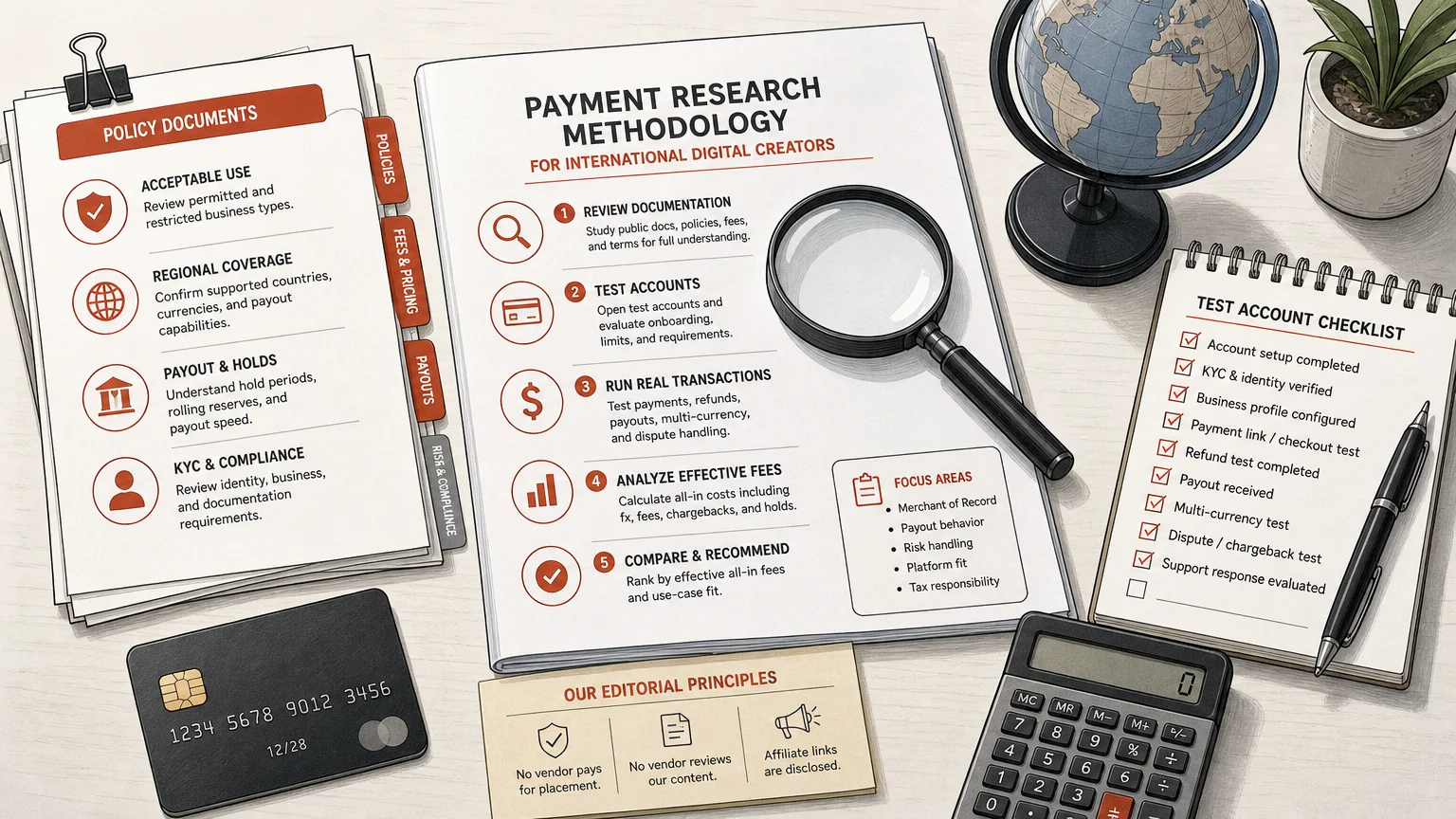 Editorial illustration of payment processor research using documents, testing, and international risk criteria