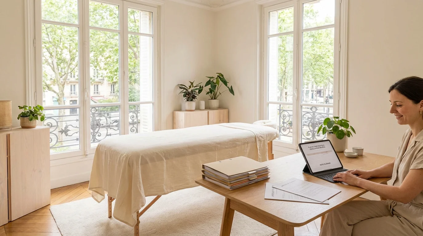 Espace de consultation holistique avec documents de cadrage éthique posés sur une table de soins