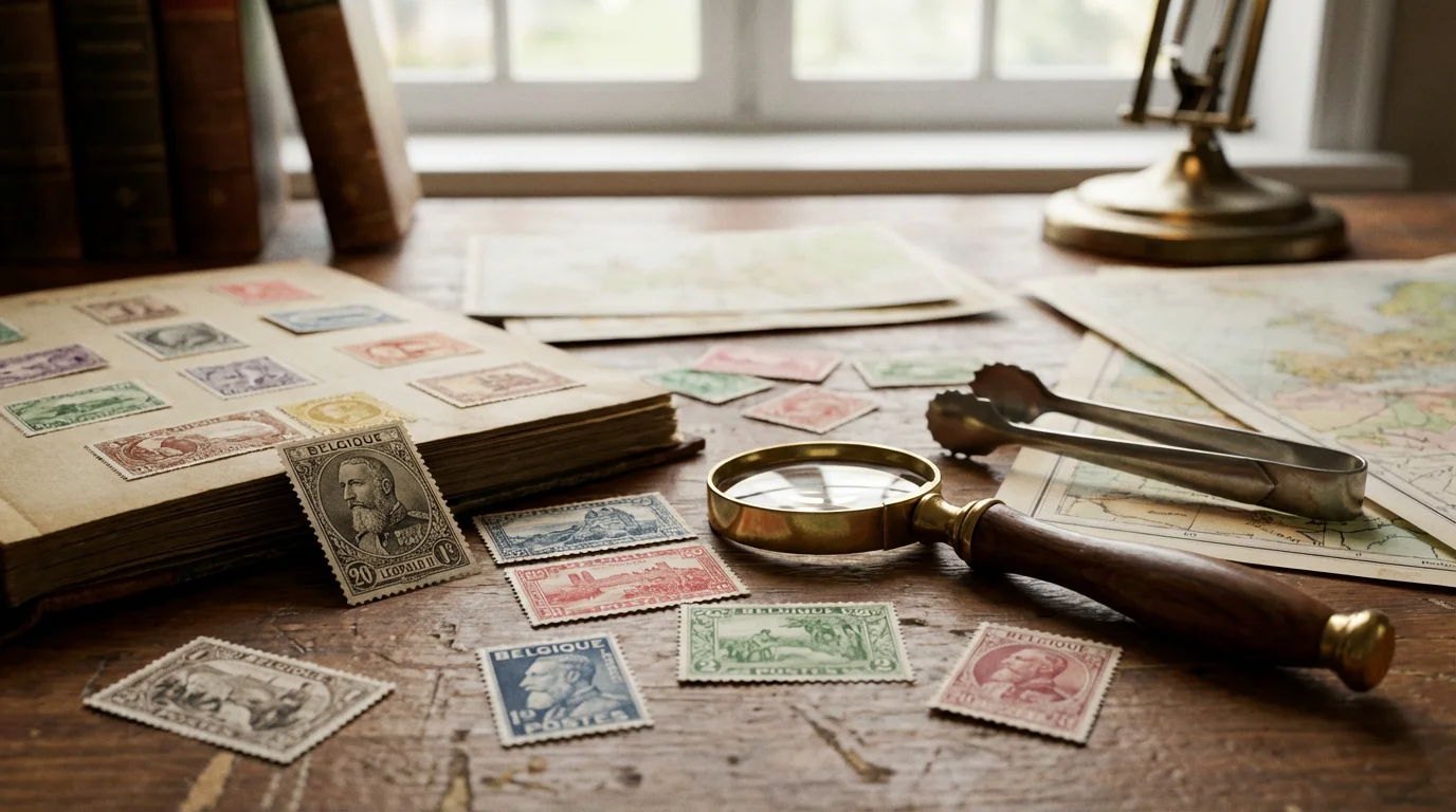Timbres belges anciens avec loupe et pince philatélique sur un bureau en bois