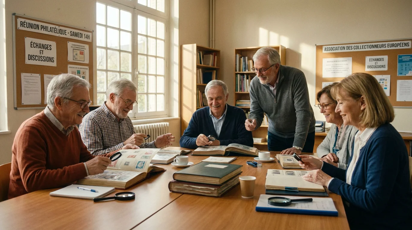Collectionneurs européens examinant des albums de timbres lors d'une réunion de cercle philatélique