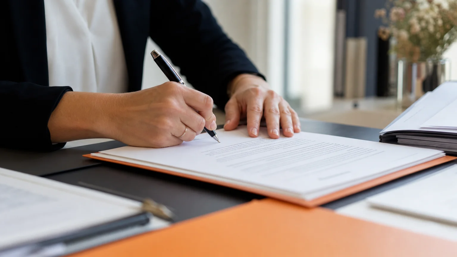 Mains non identifiables signant des documents sur un bureau juridique