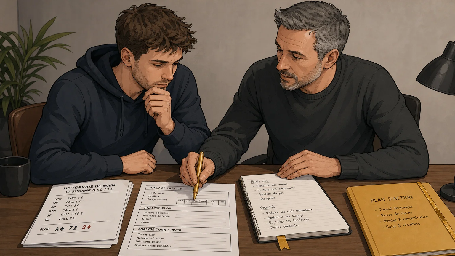 Un joueur et un mentor analysent ensemble ses décisions de poker