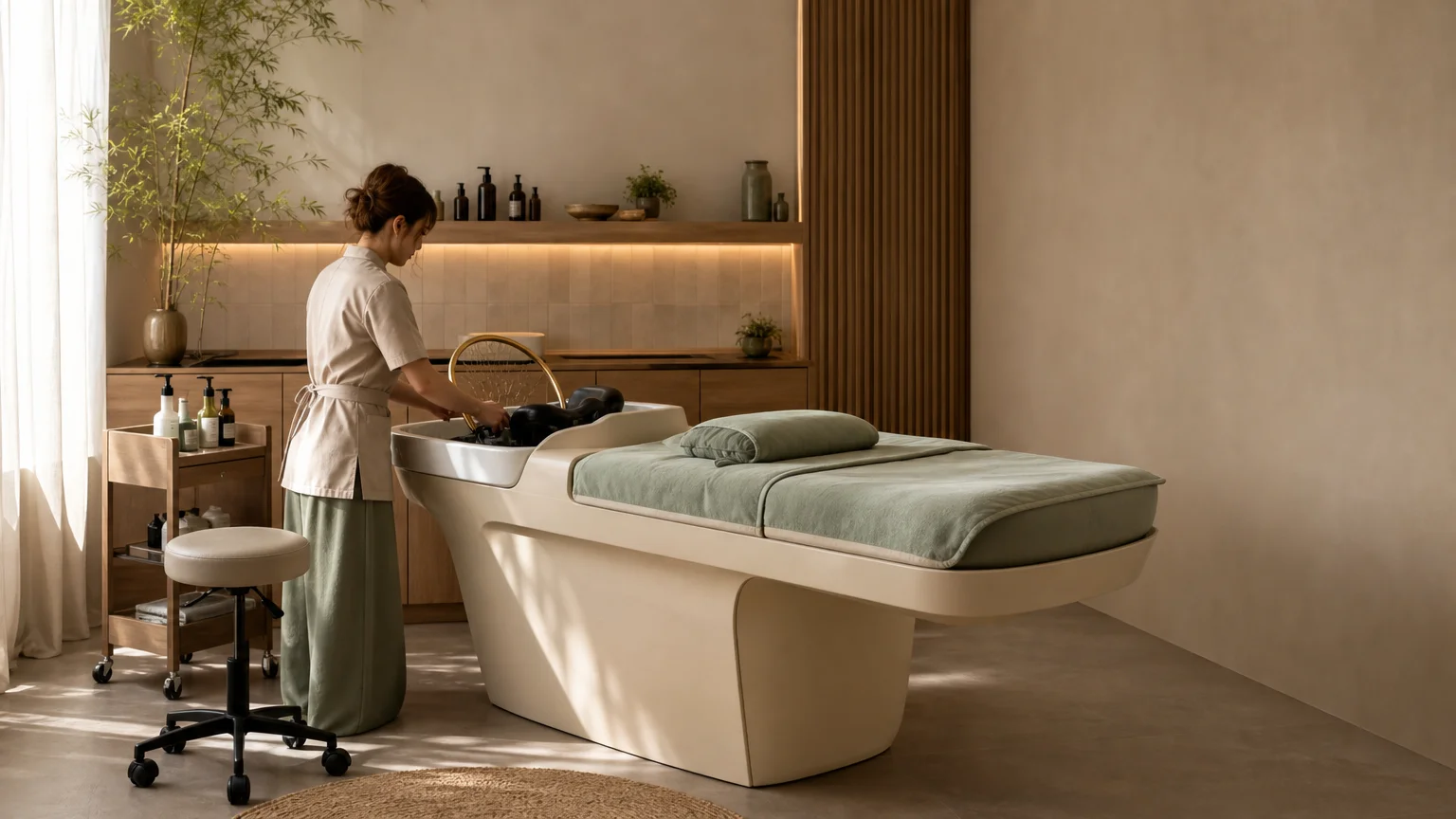 Cabine Head Spa professionnelle avec table de soin, éclairage doux et agencement fonctionnel