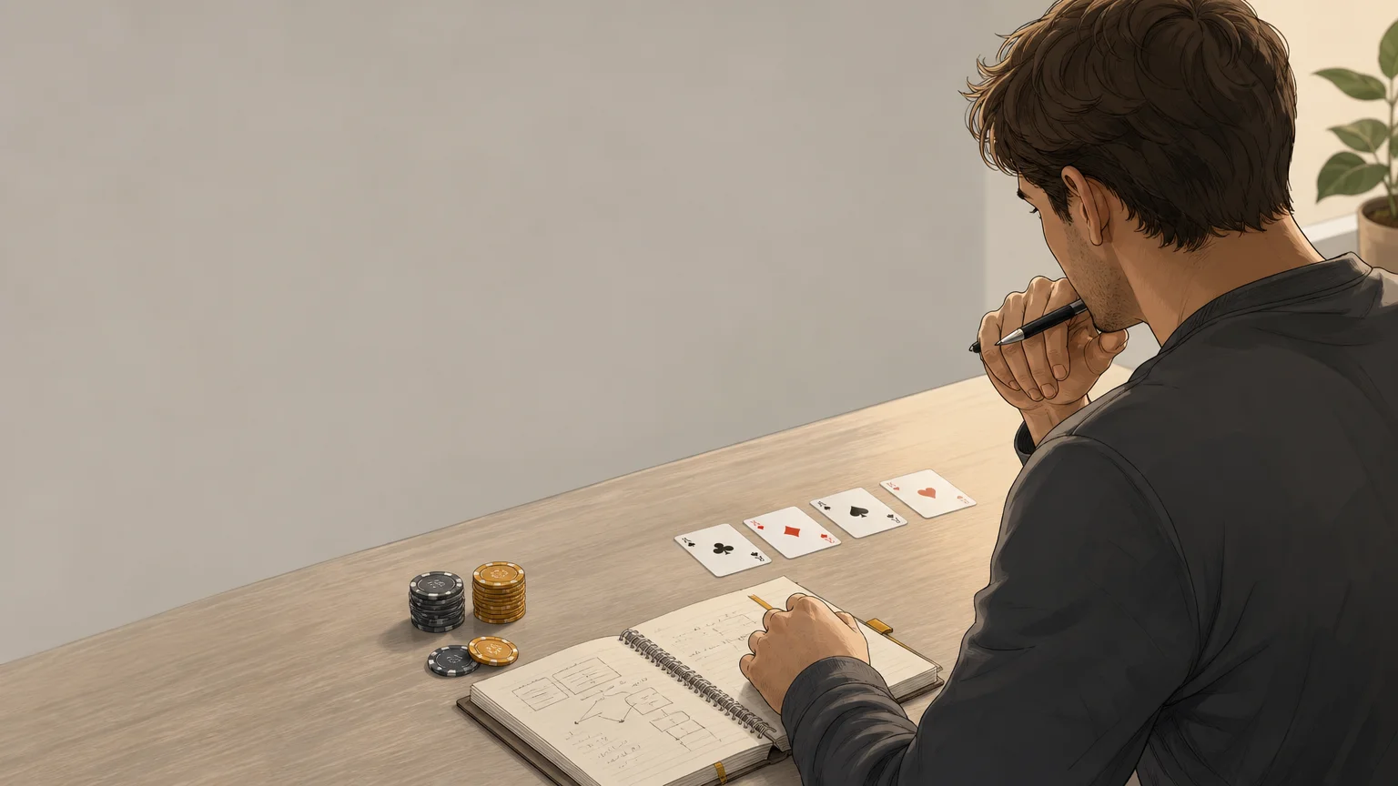 Joueur de poker étudiant une décision stratégique avec un carnet et des jetons
