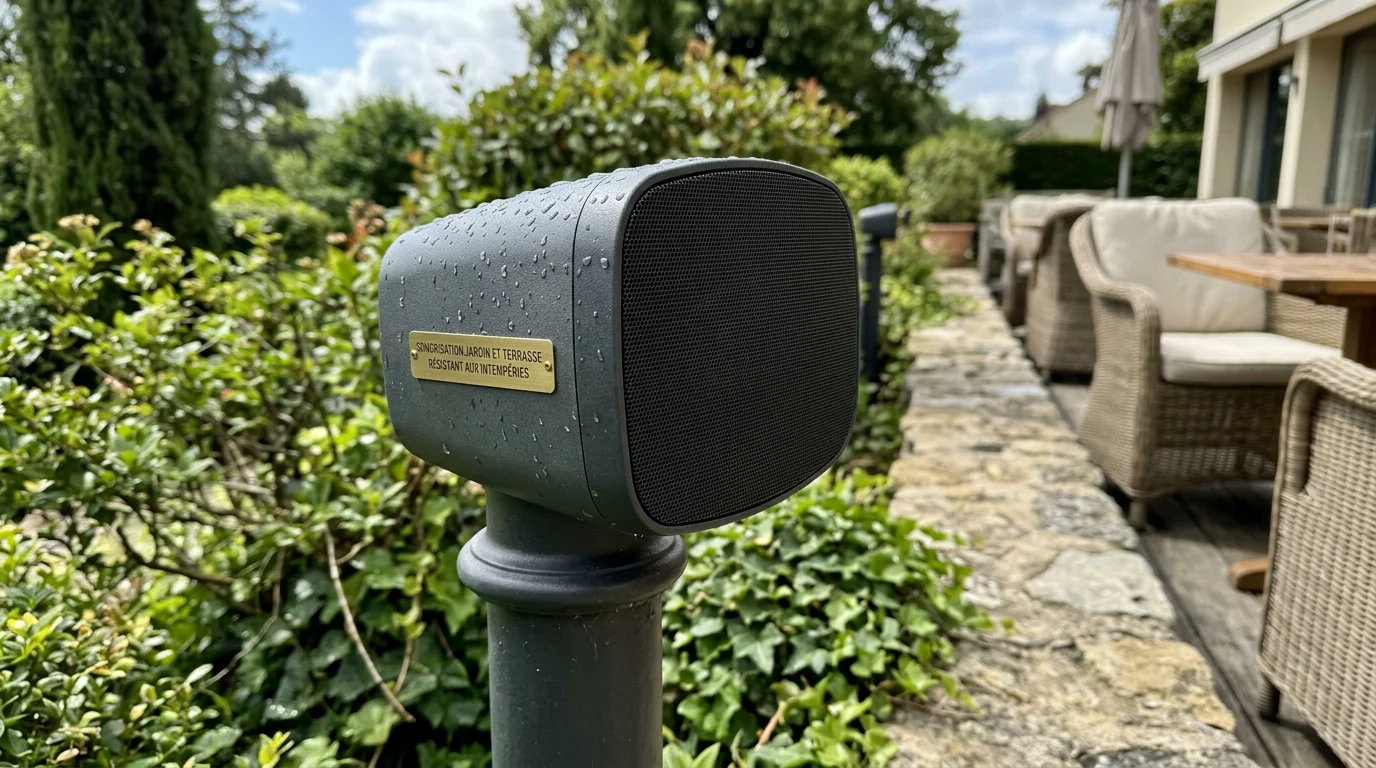 Enceinte extérieure étanche sur borne de jardin après une averse