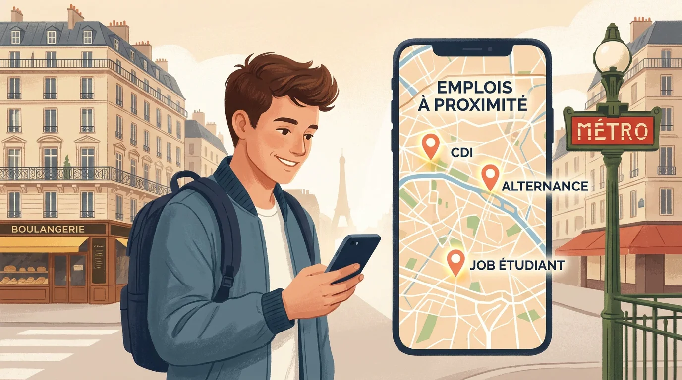 Étudiant utilisant la géolocalisation sur son téléphone pour trouver un job étudiant près de chez lui