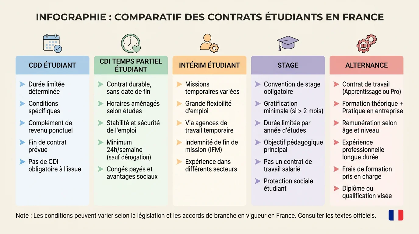 Infographie comparant les types de contrats pour un job étudiant en France