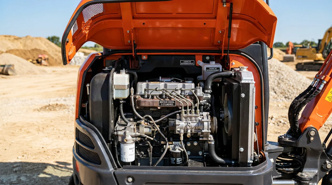 Moteur diesel compact trois cylindres dans le compartiment moteur ouvert d'une mini-pelle sur un chantier