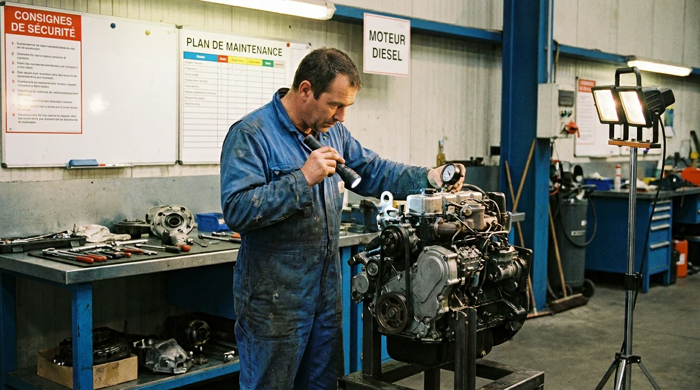 Mécanicien inspectant un moteur diesel compact dans un atelier de maintenance TP