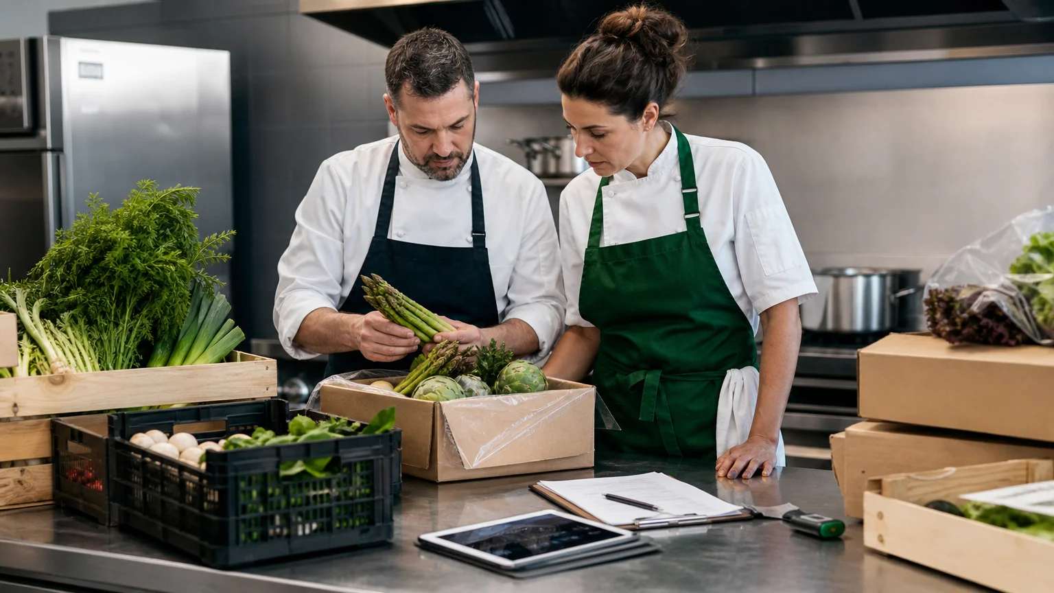 Brigade contrôlant une livraison et préparant les achats dans une cuisine professionnelle