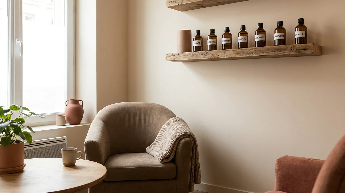 Cabinet de thérapie holistique avec flacons d'huiles essentielles sur une étagère en bois