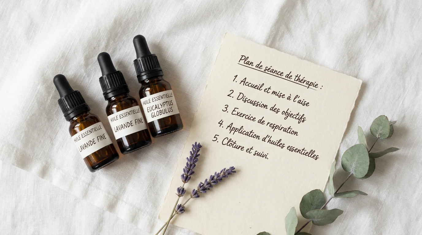 Flacons d'huiles essentielles et plan de séance thérapeutique sur tissu blanc