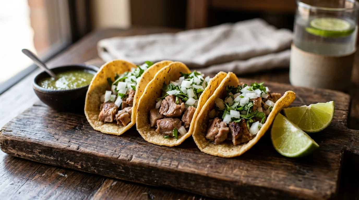 Tacos de buche garnis d'oignon, coriandre et citron vert sur tortillas de maïs