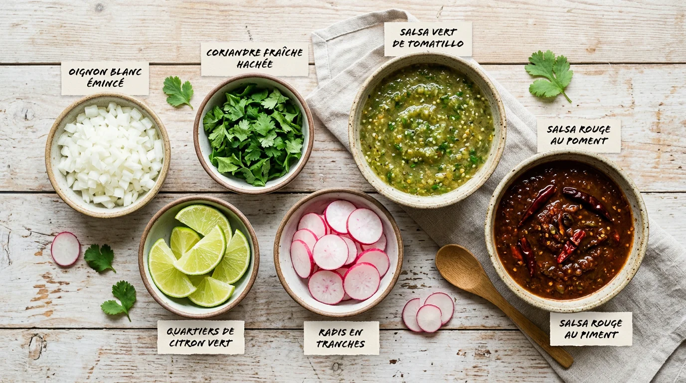 Garnitures fraîches pour tacos : oignon, coriandre, citron vert et salsas
