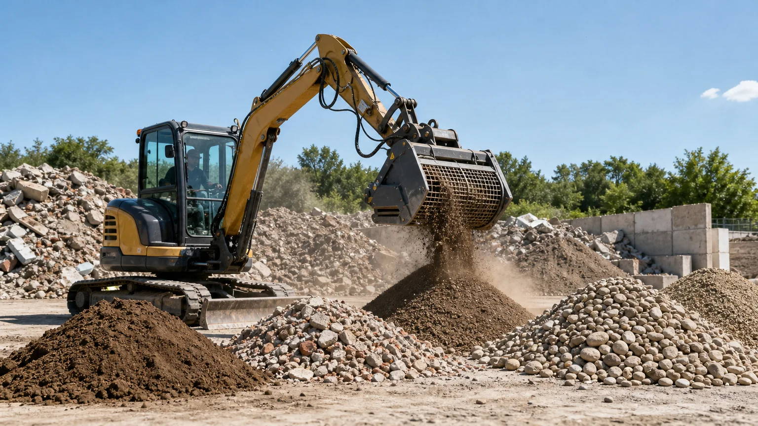 Chantier de recyclage avec matériaux triés par un godet cribleur